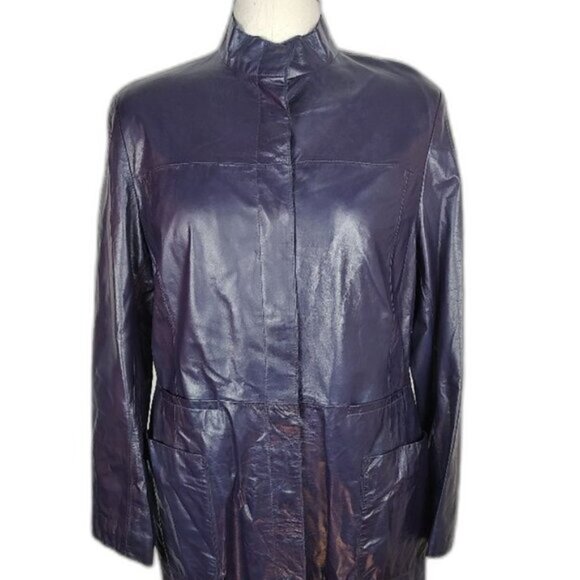 Retro Danier Purple Full Length Leather Coat  Lined Stand-up Collar Size 12 Y2K - Picture 13 of 13